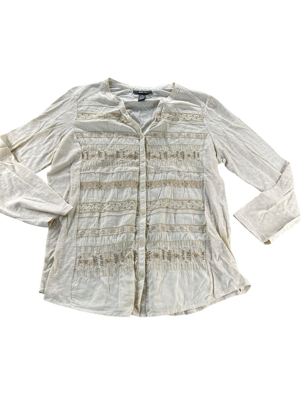 Style & Co Ivory Tan Embroidered Button Down Long Sleeve Top Women's Size XL